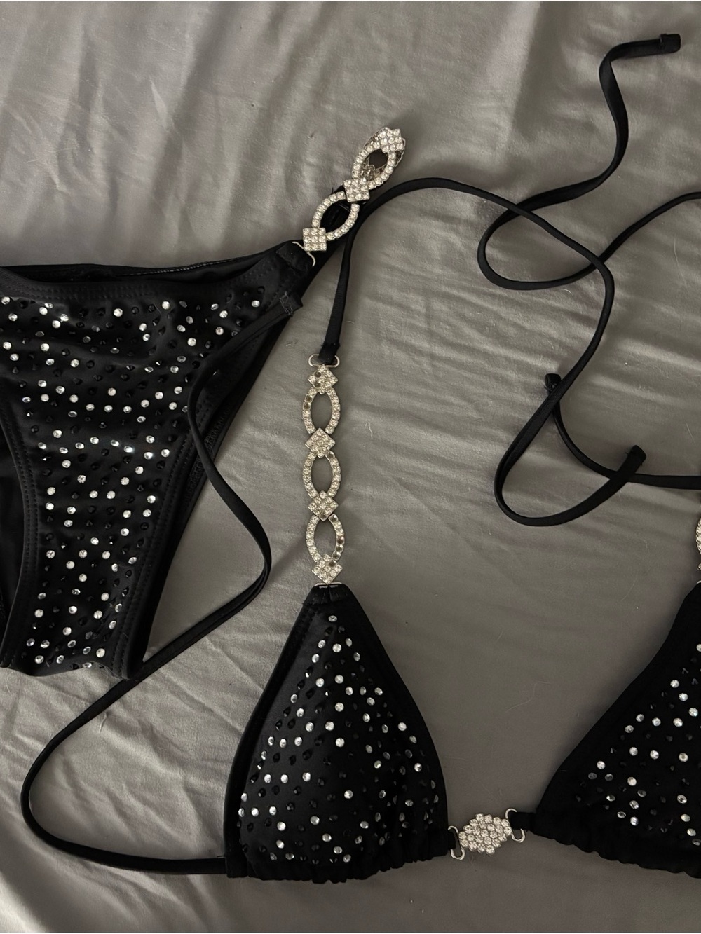 Black Rhinestone Triangle Bikini Set with Embellished Straps